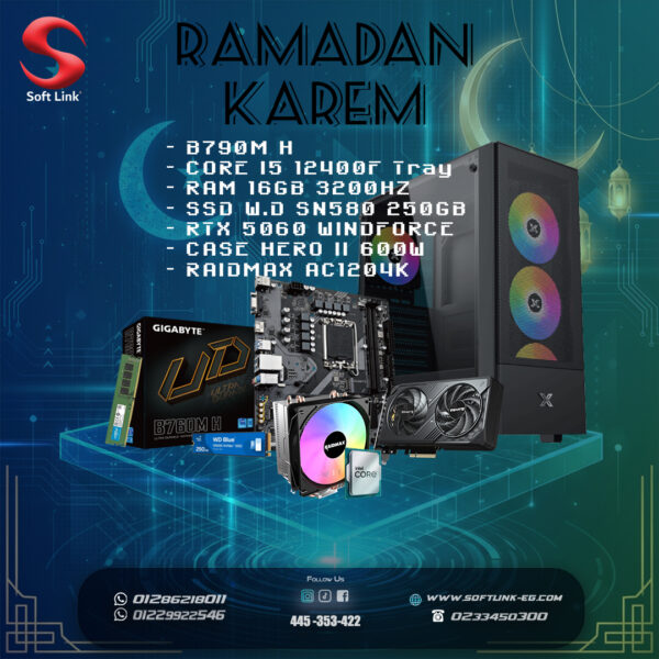Ramadan Bundles (B760M H – CORE I5 12400F Tray  – RAM 16GB 3200HZ  – SSD W.D SN580 250GB  – RTX 5060 WINDFORCE  – CASE HERO II 600W  – RAIDMAX AC1204K)