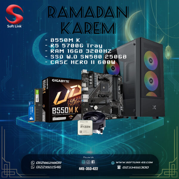 Ramadan Bundles (B550M K- R5 5700G Tray – RAM 16GB 3200HZ – SSD W.D SN580 250GB – CASE HERO II 600W)